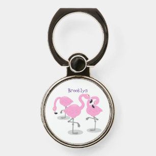 Cute pink flamingo trio cartoon illustration phone ring stand
