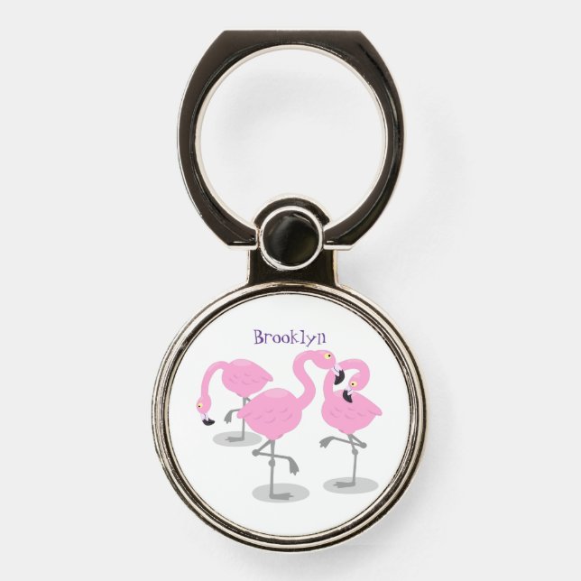 Cute pink flamingo trio cartoon illustration phone ring stand (Front)