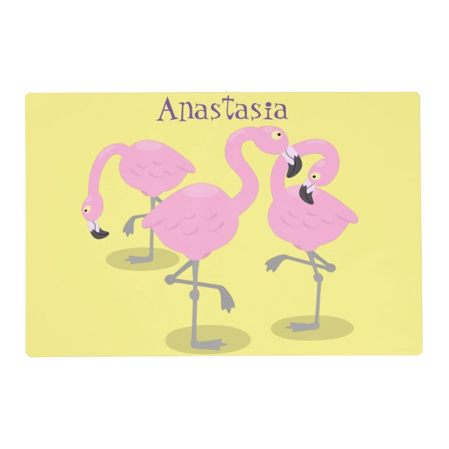 Cute pink flamingo trio cartoon illustration placemat (Front)
