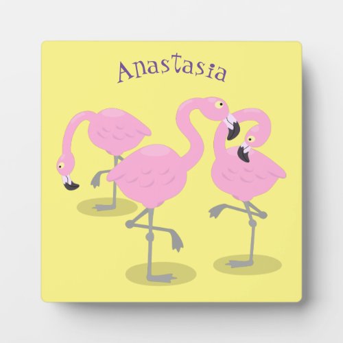 Cute pink flamingo trio cartoon illustration plaque