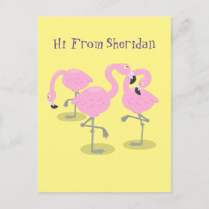 Cute pink flamingo trio cartoon illustration postcard
