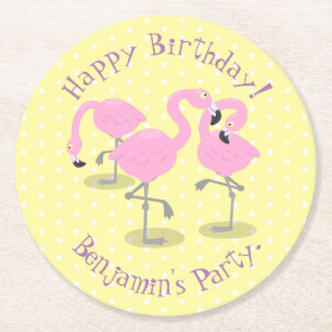 Cute pink flamingo trio cartoon illustration round paper coaster