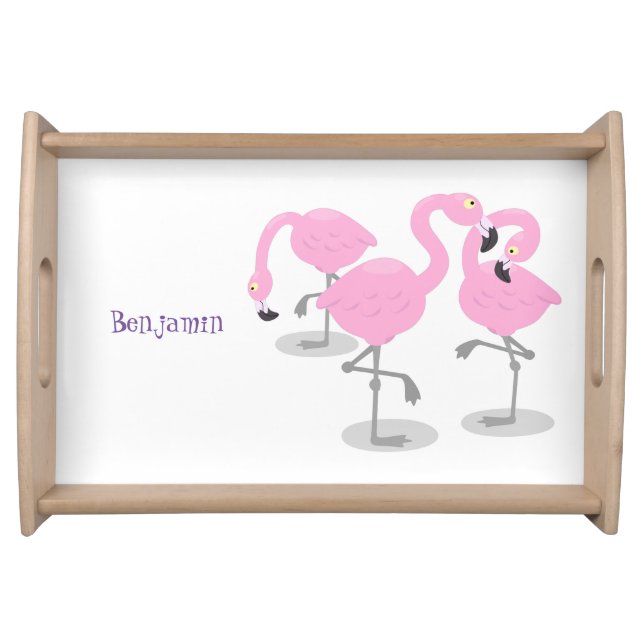 Cute pink flamingo trio cartoon illustration serving tray (Front)