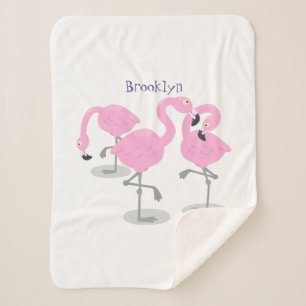 Cute pink flamingo trio cartoon illustration sherpa blanket
