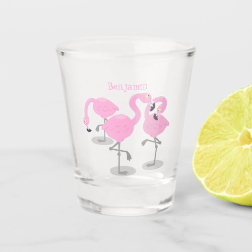 Cute pink flamingo trio cartoon illustration shot glass