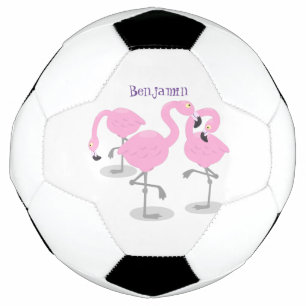 Cute pink flamingo trio cartoon illustration soccer ball