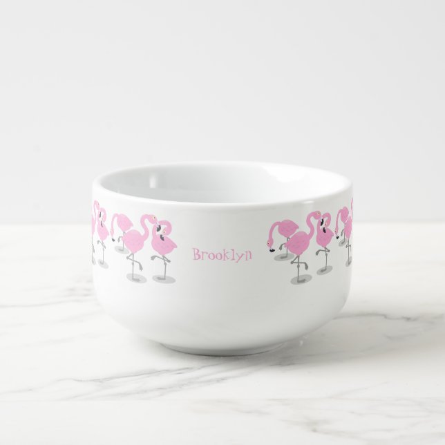 Cute pink flamingo trio cartoon illustration soup mug (Front)