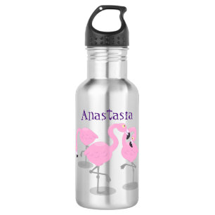 Cute pink flamingo trio cartoon illustration stainless steel water bottle