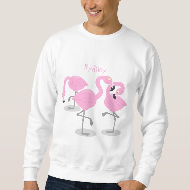 Cute pink flamingo trio cartoon illustration sweatshirt (Front)