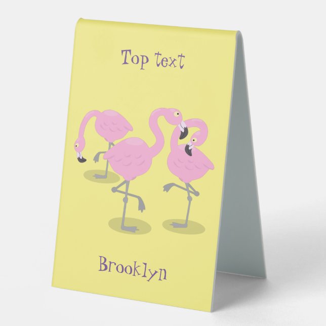 Cute pink flamingo trio cartoon illustration table tent (Front)