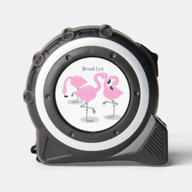Cute pink flamingo trio cartoon illustration tape measure (Front)