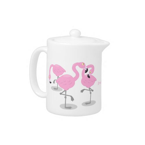 Cute pink flamingo trio cartoon illustration teapot