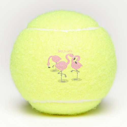 Cute pink flamingo trio cartoon illustration tennis balls