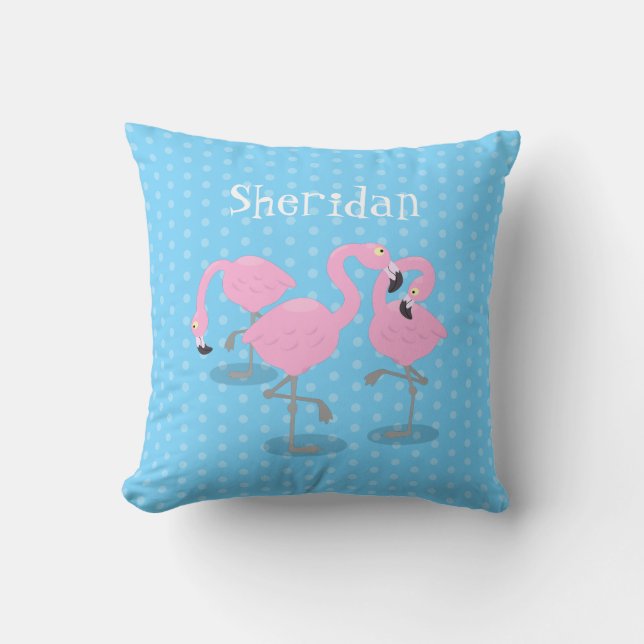 Cute pink flamingo trio cartoon illustration throw pillow (Front)