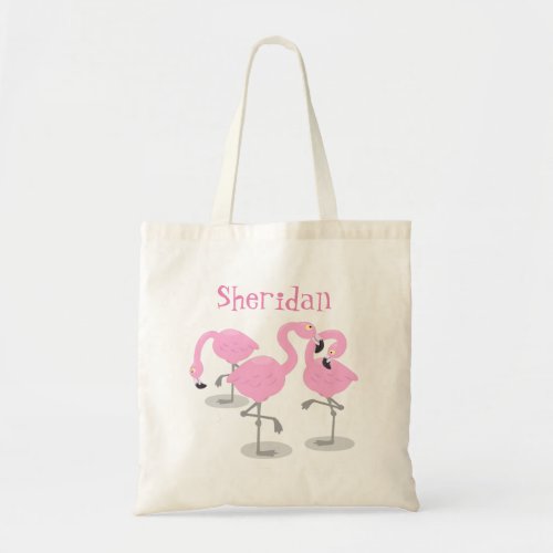 Cute pink flamingo trio cartoon illustration tote bag