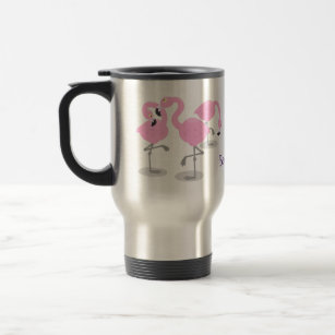 Cute pink flamingo trio cartoon illustration travel mug