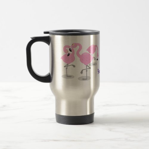 Cute pink flamingo trio cartoon illustration travel mug