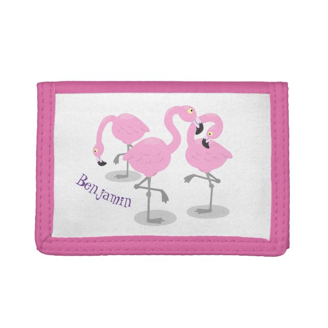 Cute pink flamingo trio cartoon illustration trifold wallet (Front)