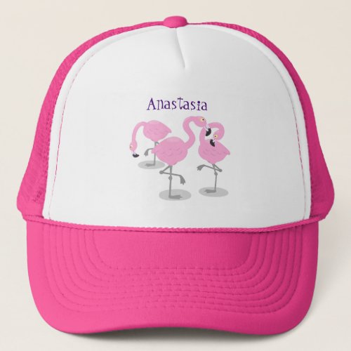 Cute pink flamingo trio cartoon illustration trucker hat