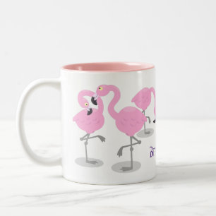 Cute pink flamingo trio cartoon illustration Two-Tone coffee mug