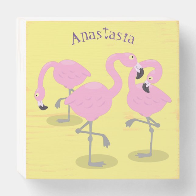 Cute pink flamingo trio cartoon illustration wooden box sign (Front Horizontal)