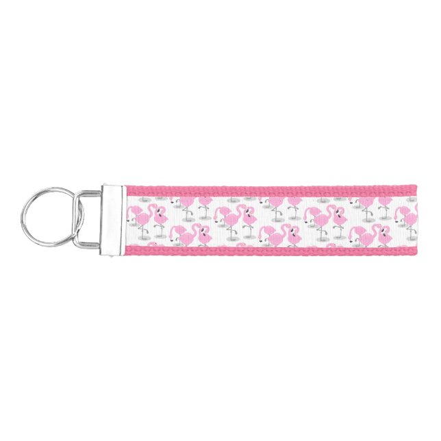 Cute pink flamingo trio cartoon illustration wrist keychain (Keys on Left)