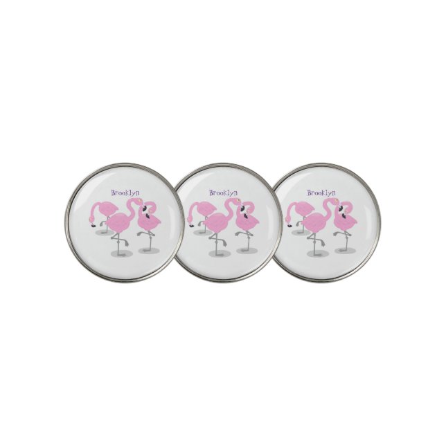 Cute pink flamingo trio cartoon personalized golf ball marker (3 Up)