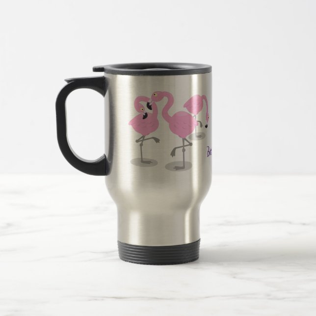 Cute pink flamingo trio cartoon personalized travel mug (Left)