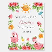 Cute Pink Flamingo Tropical Flowers Baby Shower