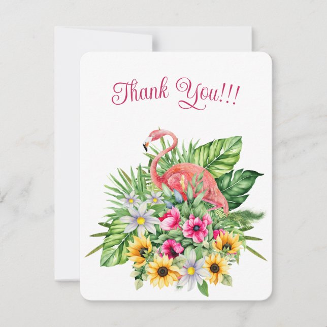 Cute Pink Flamingo & Tropical Flowers Holiday Card (Front)