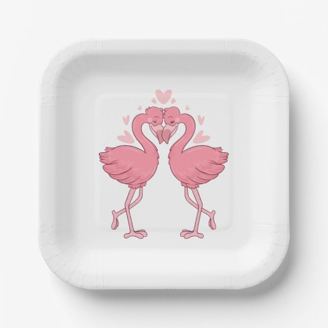 Cute Pink Flamingo Tropical Hawaiian Beach Wedding Paper Plates (Front)