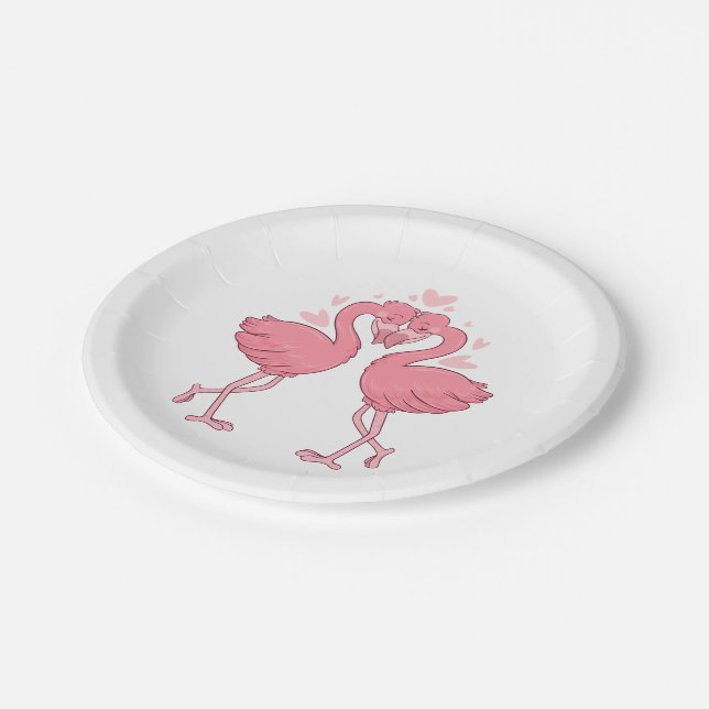 Cute Pink Flamingo Tropical Hawaiian Beach Wedding Paper Plates (Angled)