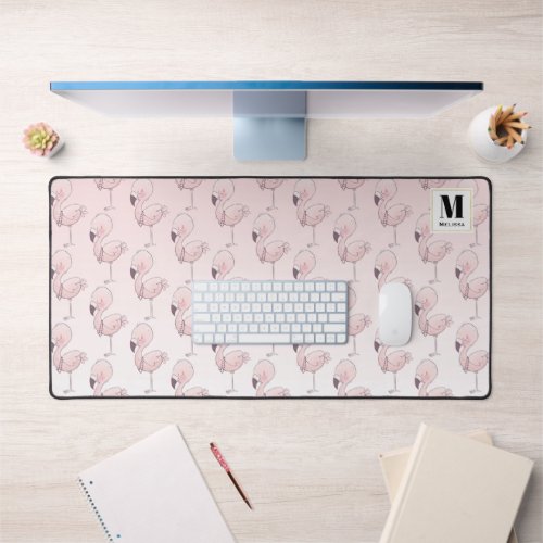 Cute Pink Flamingo Tropical Pattern Monogram Desk Mat