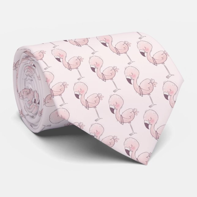 Cute Pink Flamingo Tropical Pattern Neck Tie (Rolled)