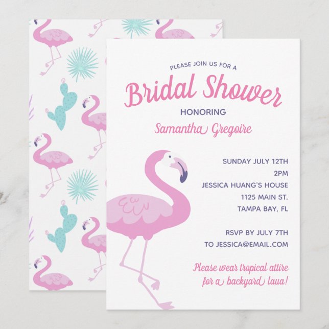 Cute Pink Flamingo Tropical Summer Bridal Shower Invitation (Front/Back)