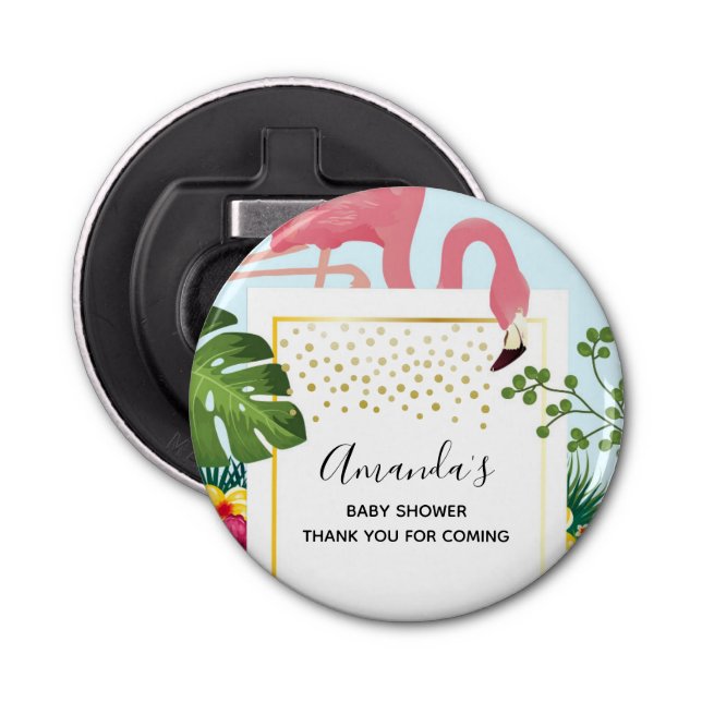 Cute Pink Flamingo Tropical Theme Baby Shower Bottle Opener (Front)