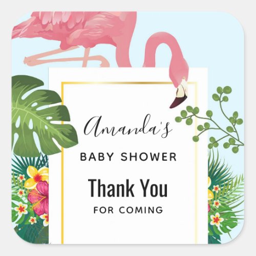 Cute Pink Flamingo Tropical Theme Baby Shower Square Sticker