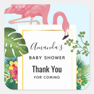 Cute Pink Flamingo Tropical Theme Baby Shower Square Sticker