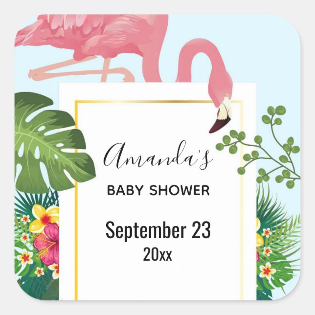 Cute Pink Flamingo Tropical Theme Save the Date Square Sticker (Front)