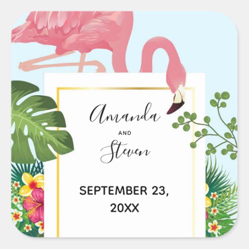 Cute Pink Flamingo Tropical Theme Wedding Square Sticker