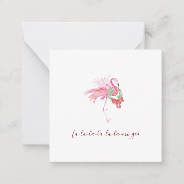 Cute Pink Flamingo Watercolor Mini Christmas Note Card (Front)