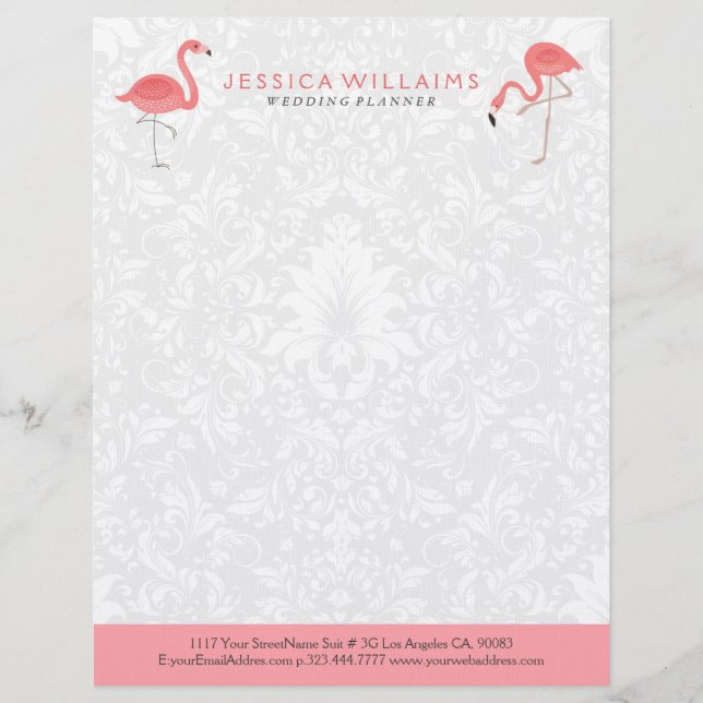 Cute pink Flamingo White Damasks Background Letterhead (Front)
