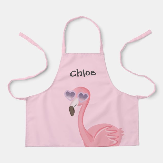 Cute Pink Flamingo With Heart Sunglasses Apron (Front)