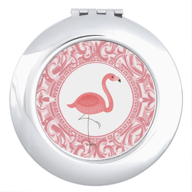Cute Pink Flamingo With Pink Swirls Makeup Mirror (Front)
