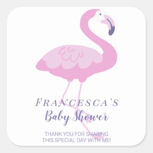 Cute Pink Flamingo with Purple Baby Shower Square Sticker