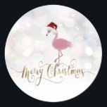Cute Pink Flamingo With Santa Hat Classic Round Sticker<br><div class="desc">Adorable cute pink flamingo with santa hat on bokeh  background.</div>