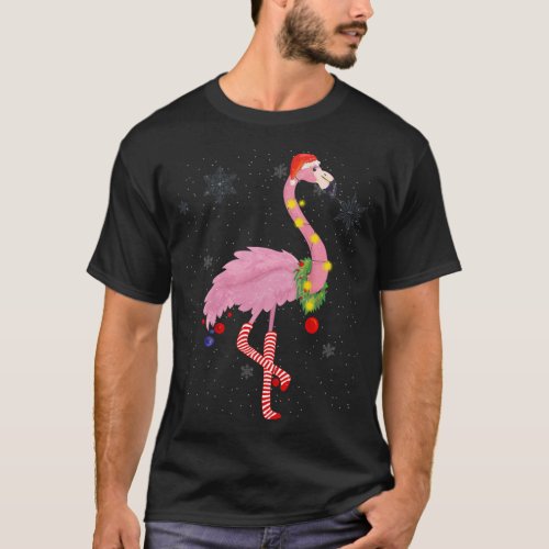 Cute Pink Flamingo with Snow Lights and Santa Hat T_Shirt
