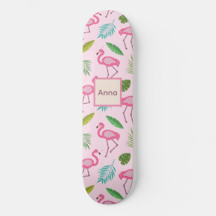 Cute Pink Flamingo with Tropical Leaves custom Skateboard