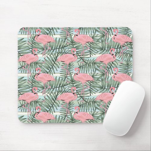 Cute Pink Flamingoes Palm Leafs Art Pattern Mouse Pad