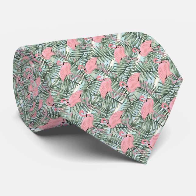 Cute Pink Flamingoes Palm Leafs Art Pattern Neck Tie (Rolled)